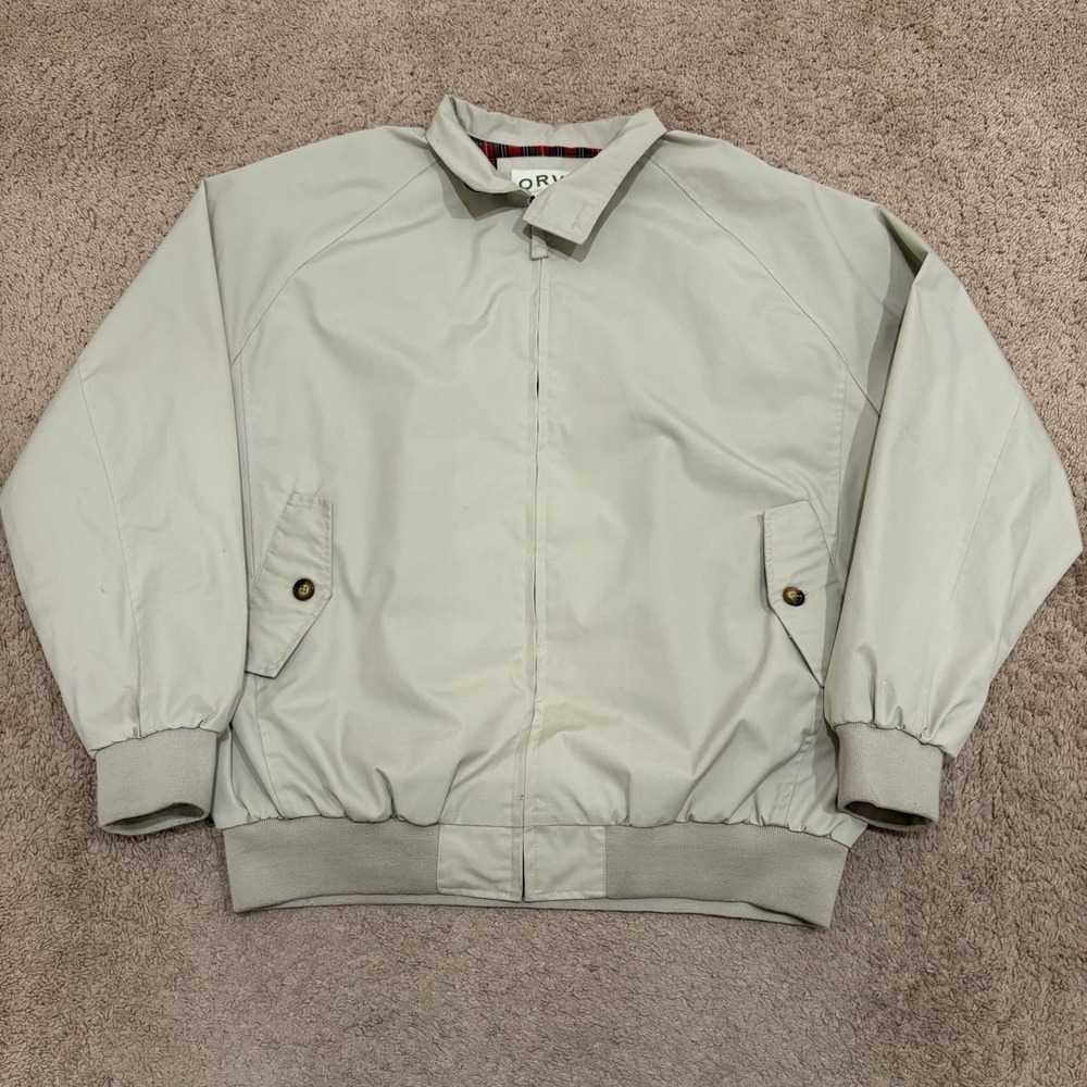 Orvis Harrington Jacket Men's Large Beige Plaid Lined Bomber Full Zip